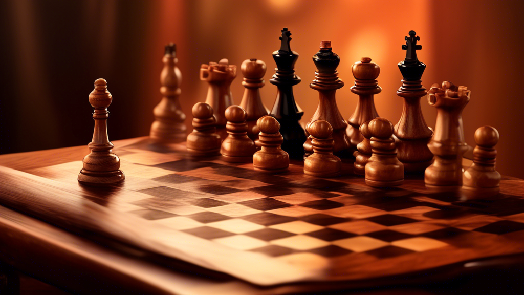 An elegant wooden chess set on a polished table with a soft cloth, a small brush for dusting the pieces, and a bottle of wood polish beside it, all under warm, ambient lighting.