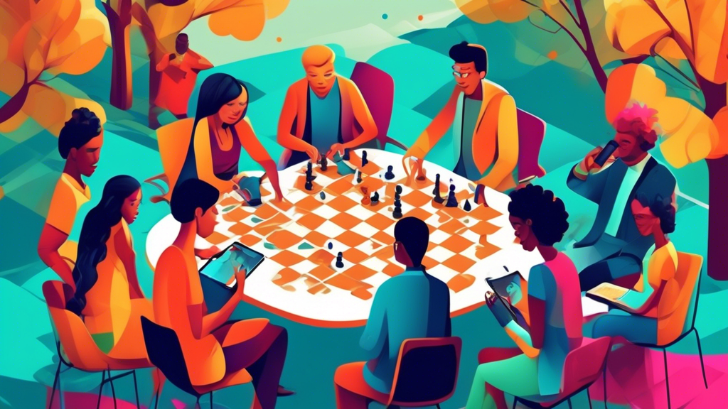 Digital illustration of a diverse group of people playing chess on smartphones and tablets, connected through a global map network, in a vibrant public park setting.