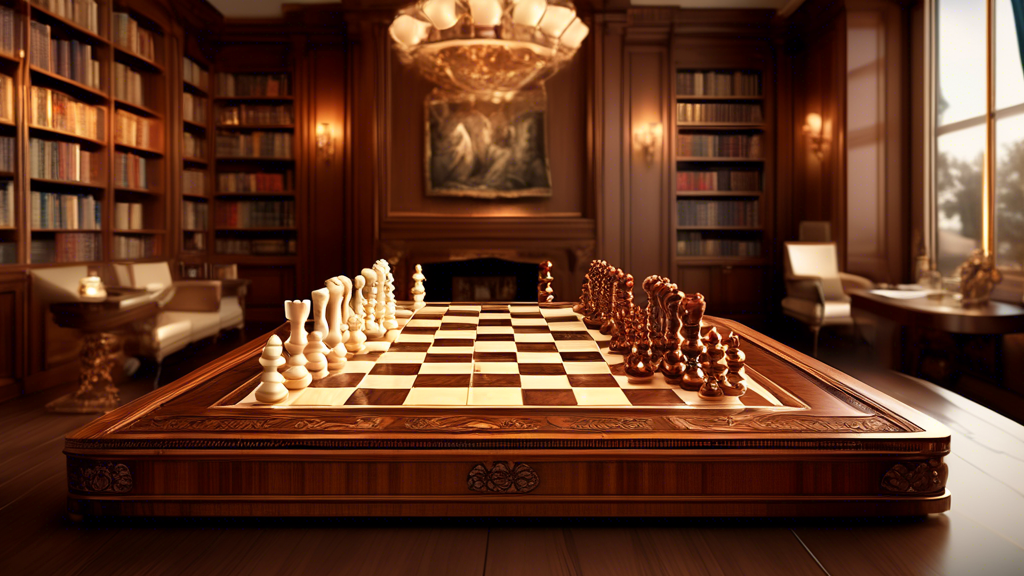 An elegant and sophisticated chess board set displayed in a luxurious library setting, featuring pieces carved from rare woods and jewels, with ornate designs, under soft, warm lighting that highlight