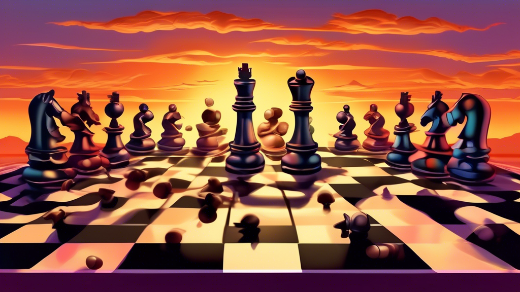 An imaginative chessboard scene at sunset where pawns are uniquely animated, some facing backwards as if in mid-attack, with puzzled chess players in the background, all set in a mystical, semi-realis