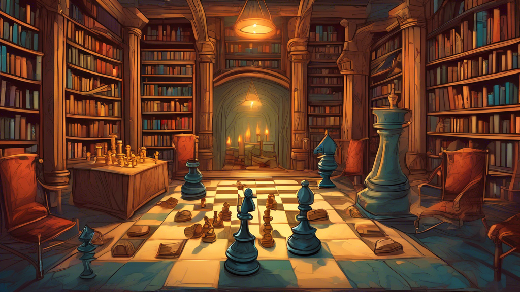 An illustrated chessboard highlighting the movement capabilities of each chess piece, with arrows showing possible directions, including backwards moves, set in a serene, medieval-style library with a