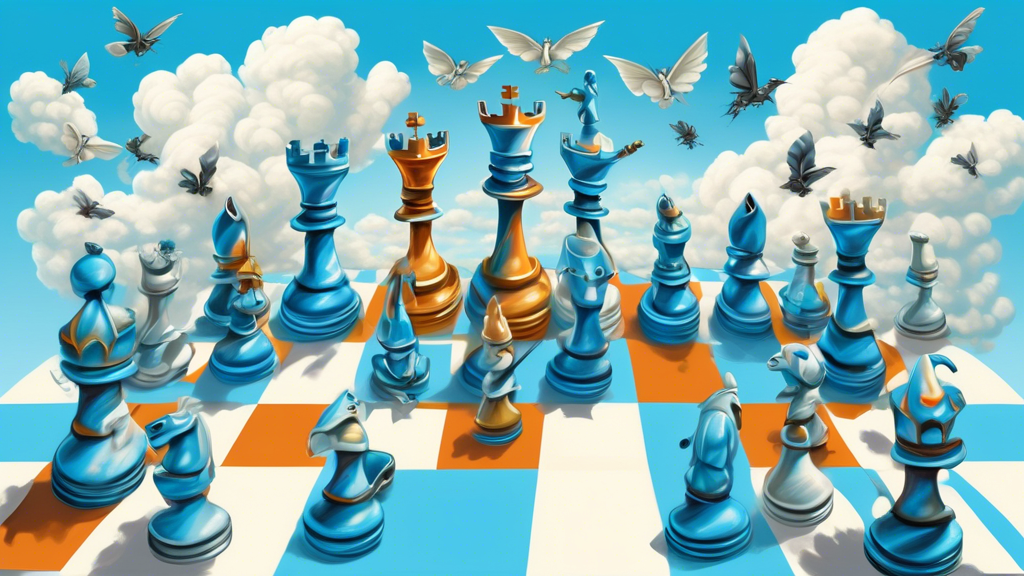 Create an imaginative digital painting of a surreal chessboard where each chess piece (knights, bishops, rooks, etc.) has sprouted tiny wings, whimsically fluttering above the board in a sky-blue back