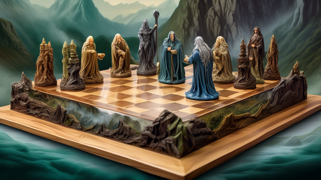 An intricate chess set inspired by Lord of the Rings, featuring detailed figures of Gandalf, Frodo, Aragorn, and Gollum as the kings and queens, set in a mystical replica of Middle-earth landscape wit