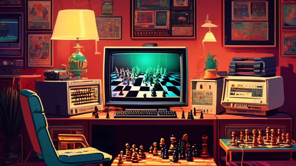 An intricate digital artwork of a vintage computer setup from the 1980s, displaying chess emulation software on the screen, surrounded by retro gaming paraphernalia in a cozy, warmly lit room with pos