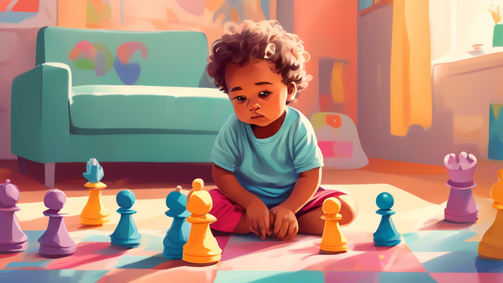 A vibrant illustration of a young child sitting on the floor, playing with oversized, colorful chess pieces. The background shows a cozy, sunlit living room with educational toys in soft pastel colors