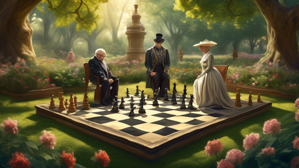 A surreal digital painting of a chessboard in a lush garden, where all the pawns are replaced with small flowering plants, while traditional chess pieces like kings, queens, knights, bishops, and rook