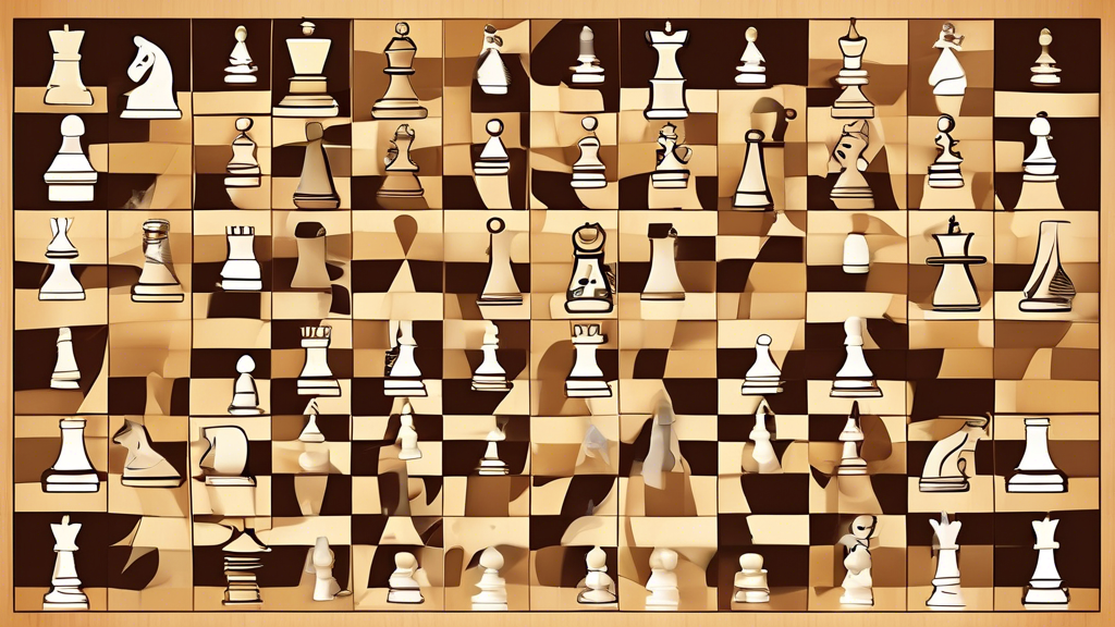 Create a visually engaging and educational digital illustration showing a detailed, printable guide to chess piece movements, including labeled diagrams of each piece such as the pawn, rook, knight, b