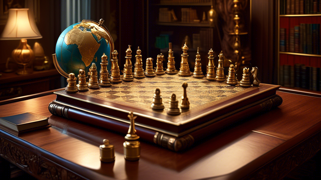 A luxurious chess set displayed on a mahogany table, with elaborately carved gold and silver pieces, in a dimly lit room featuring classic leather-bound books and a vintage globe in the background.