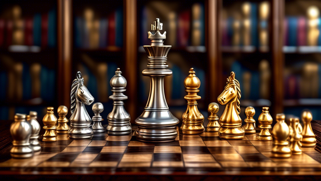 An elegant and intricate luxury chess set displayed in a sophisticated library, with pieces made of gold and silver, finely detailed, on a beautifully carved wooden board, under soft, ambient lighting