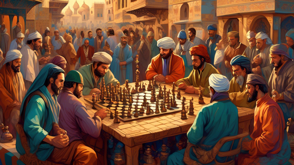 An intricate medieval Middle Eastern bazaar bustling with diverse people, including scholars and traders, gathered around a game of chess, with ornate chess pieces and a wooden board, exhibiting the c