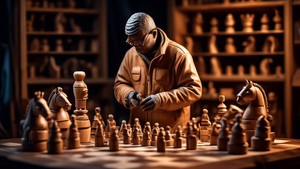 An artisan meticulously carving an intricate chess knight out of wood in a cozy workshop, surrounded by various finished chess pieces and tools, with a softly lit ambiance highlighting the detailed cr