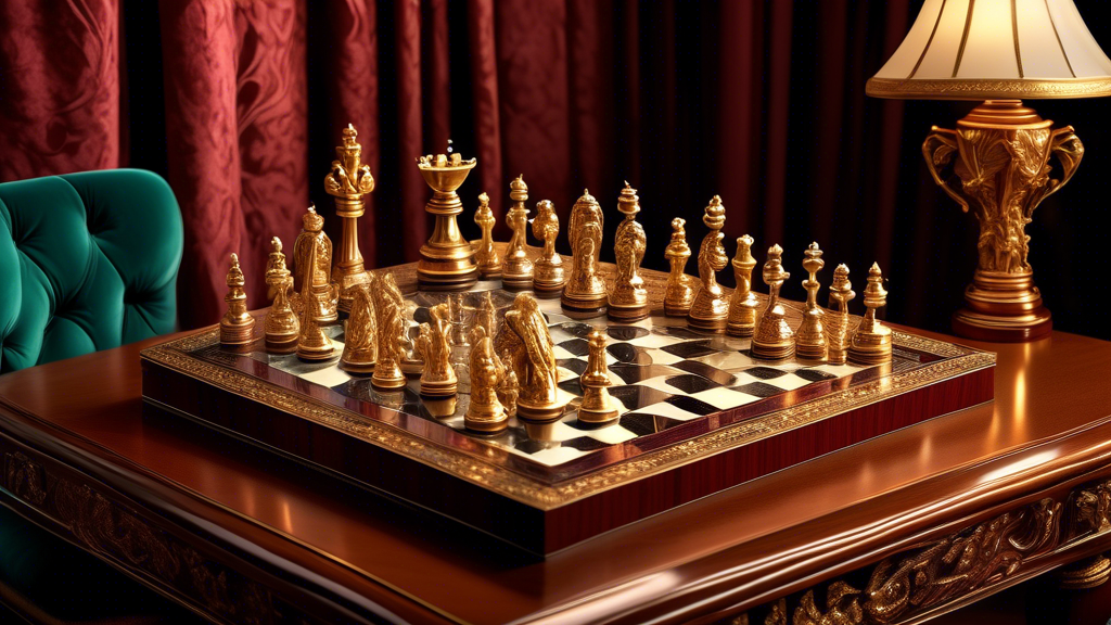 An intricate luxury chess set displayed on a mahogany table, each piece carved from precious materials like gold and diamonds, set in a lavish room with velvet curtains and classical paintings, reflec