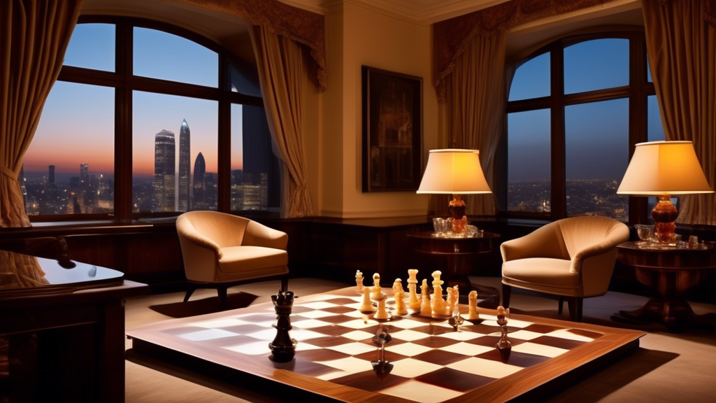 Create an image of an elegant and sophisticated room with a large window overlooking a bustling cityscape at sunset. In the center, a luxurious chess board made of exquisite woods and inlaid mother-of