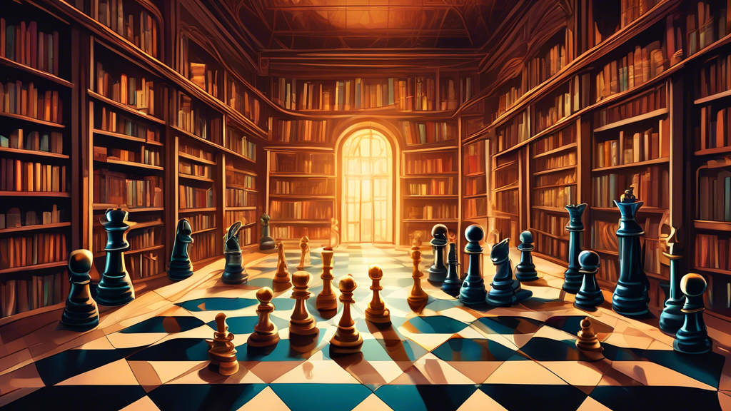 An illustrated guide showing various chess pieces on a board, each with a glowing trail that depicts its potential movements, set in an elegant, old library filled with books and a vintage chessboard.