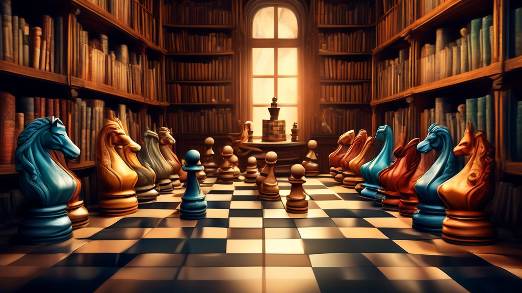 An artistic image of a chess set where each piece is intricately designed to represent different classic literary characters, with a background of open books cascading like waves, set in a cozy, dimly