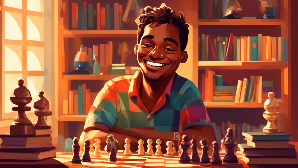 Portrait of the nicest chess player, smiling kindly while holding a chess piece, situated in a cozy, sunlit room with shelves of books and chess trophies in the background.