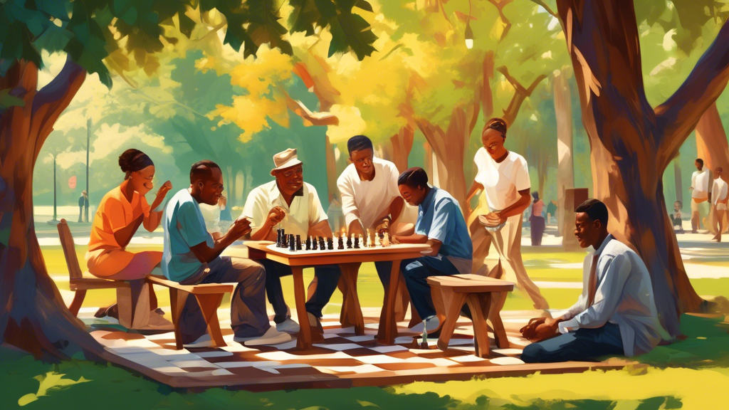 An idyllic park scene featuring a diverse group of people joyfully playing chess on classic wooden boards under the shade of large trees, with no electronic devices or advertisements in sight.
