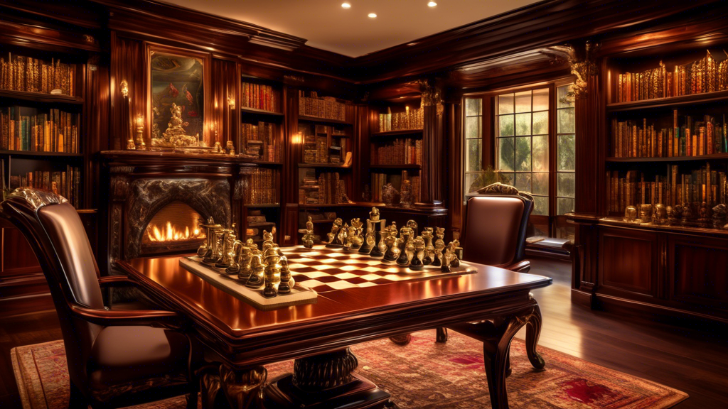 An exquisite chess set displayed on a luxurious mahogany table, each chess piece intricately designed, with gold and silver finishes, set in a rich, opulent library with dark wood bookshelves, soft am