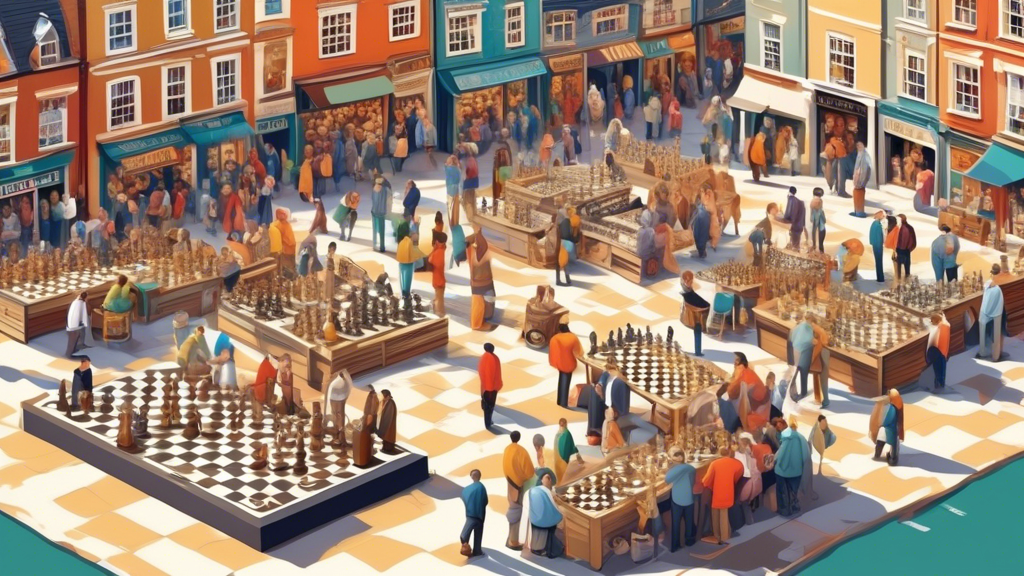 A vibrant and detailed digital art representation of a bustling chess market in the UK, showcasing diverse booths of top retailers with a variety of unique and elegant chess sets displayed, and custom