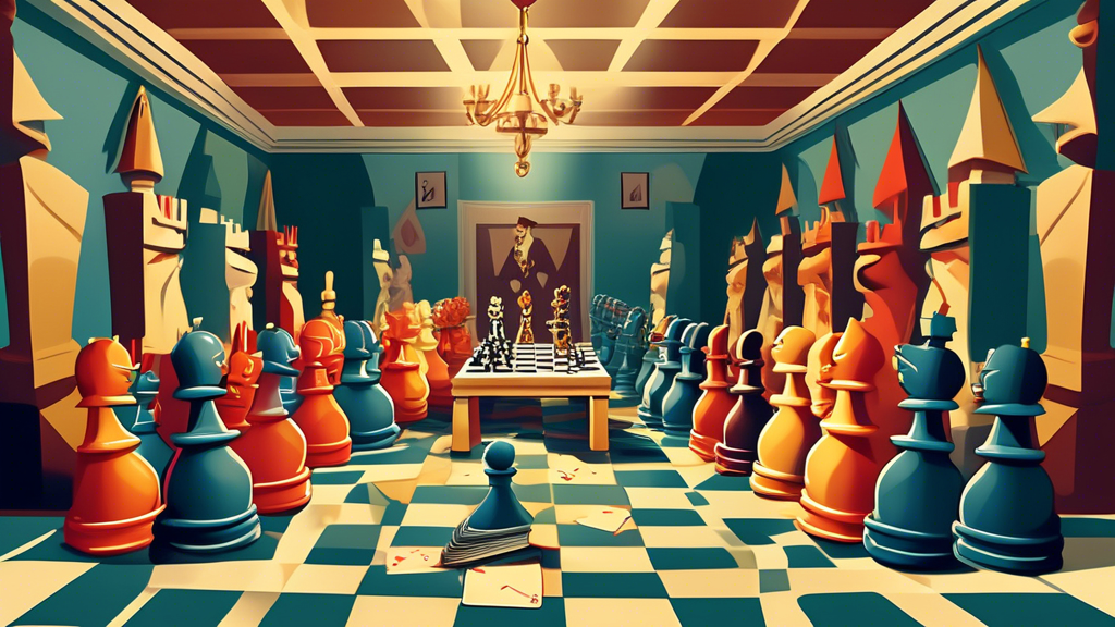 An imaginative scene showing a giant chessboard on one side and a giant poker table on the other, with human-sized chess pieces and playing cards animatedly competing against each other, set in a gran