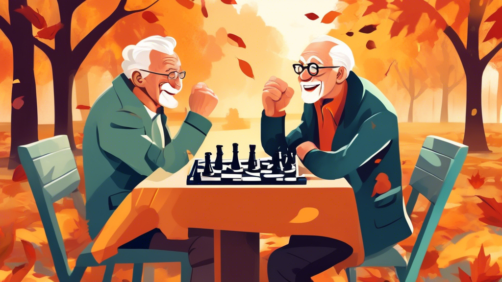 An illustration of two elderly men playing chess in a serene park, one showing a surprised expression as the other smirks triumphantly, with a checkmate position set on the board between them, surroun