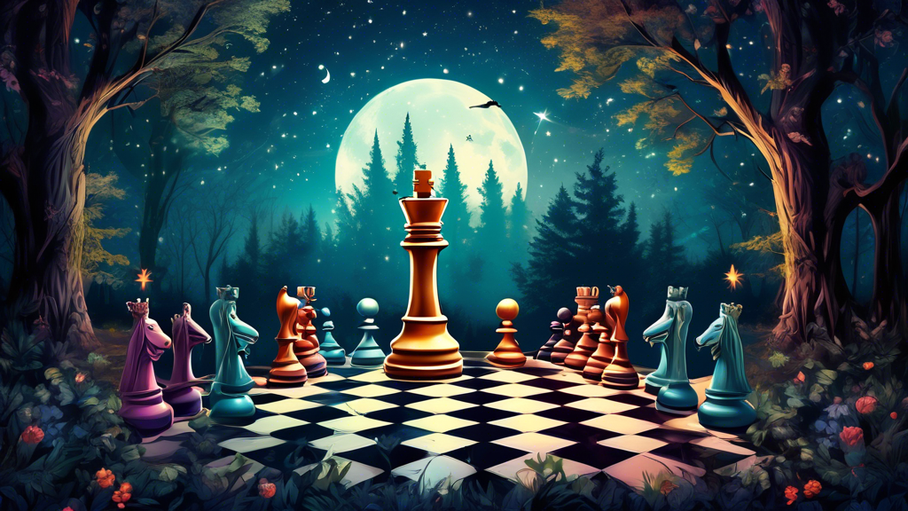 A majestic chessboard set under a starlit sky, with a radiant, oversized queen chess piece illuminated by moonlight, surrounded by pawns, knights, and rooks in a lush, mystical forest.