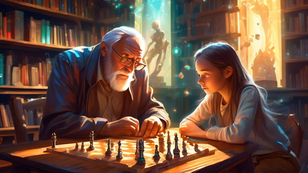 An elderly man and a young girl deep in thought, sitting at a rustic wooden table in a sunlit, cozy library, playing a complex chess-like board game, with pieces resembling mythical creatures and futu