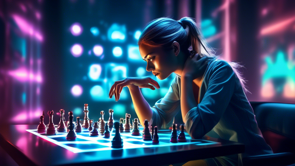 A young woman concentrating intensely while playing chess against a futuristic, holographic computer in a dimly lit, modern room, with chess pieces glowing on an illuminated board.