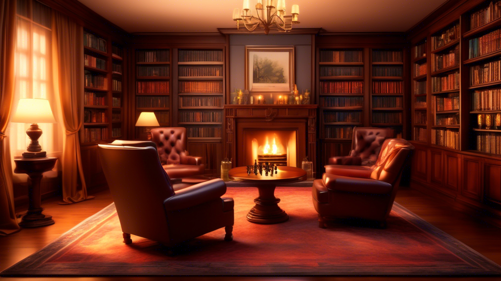 An elegant, well-lit living room with a luxurious wooden chess set placed on a mahogany table, surrounded by plush leather armchairs and a backdrop of lined bookshelves, with a fireplace softly glowin