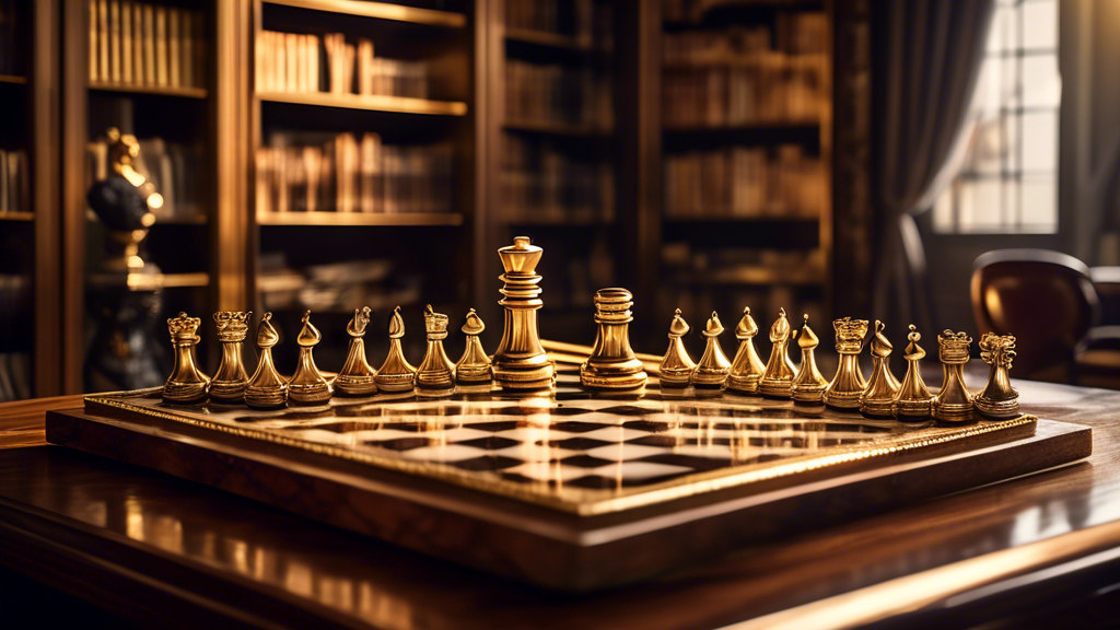 An elegant, luxurious chess set displayed on a polished wooden table, with artisan-crafted chess pieces made of marble and gold, set in an opulent library room with shelves full of books in the backgr