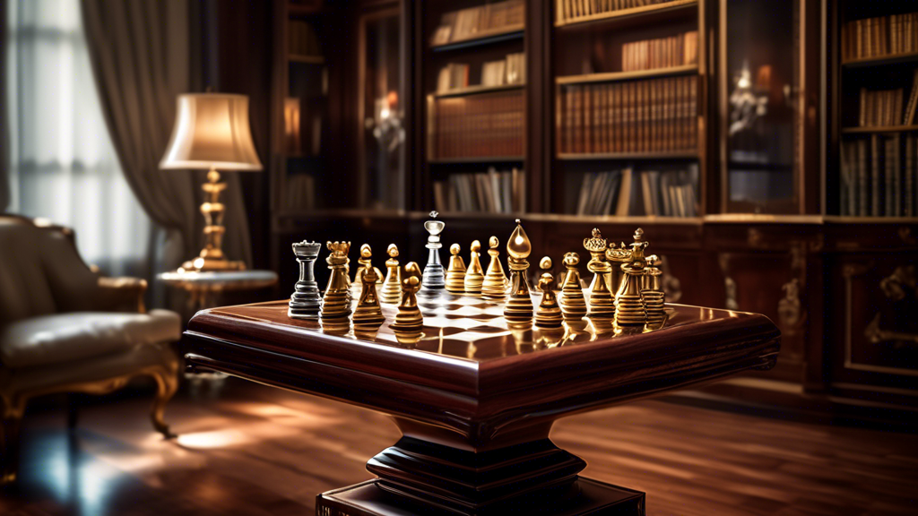 An elegant, luxurious setting featuring a meticulously crafted chess set with pieces made of gold and silver, displayed on a polished mahogany table in a richly decorated study with shelves of classic