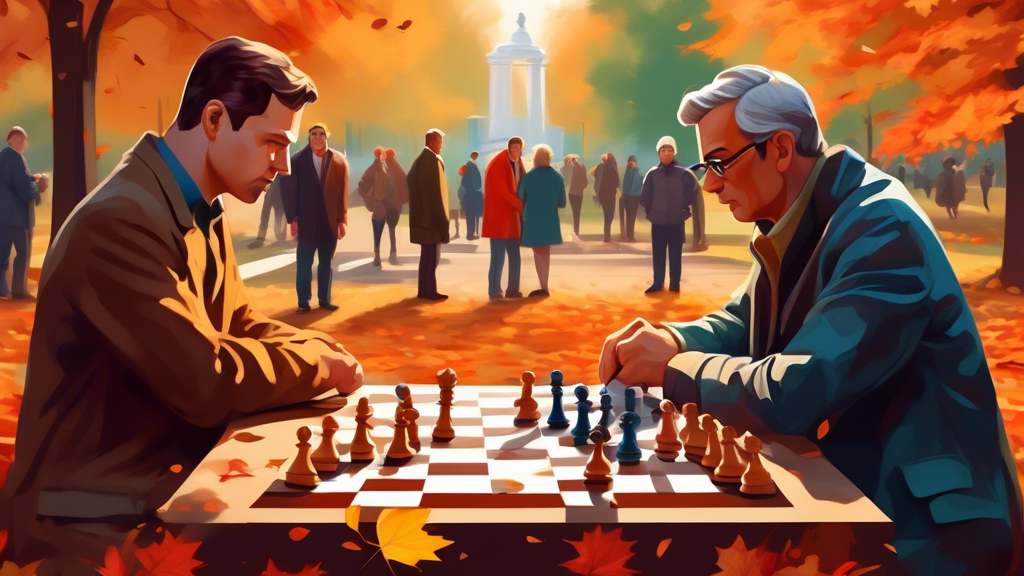 An intense chess game between two strategic players in a serene park, with focus on a pivotal moment where a major piece trade is occurring, surrounded by autumn leaves and curious onlookers, in a rea