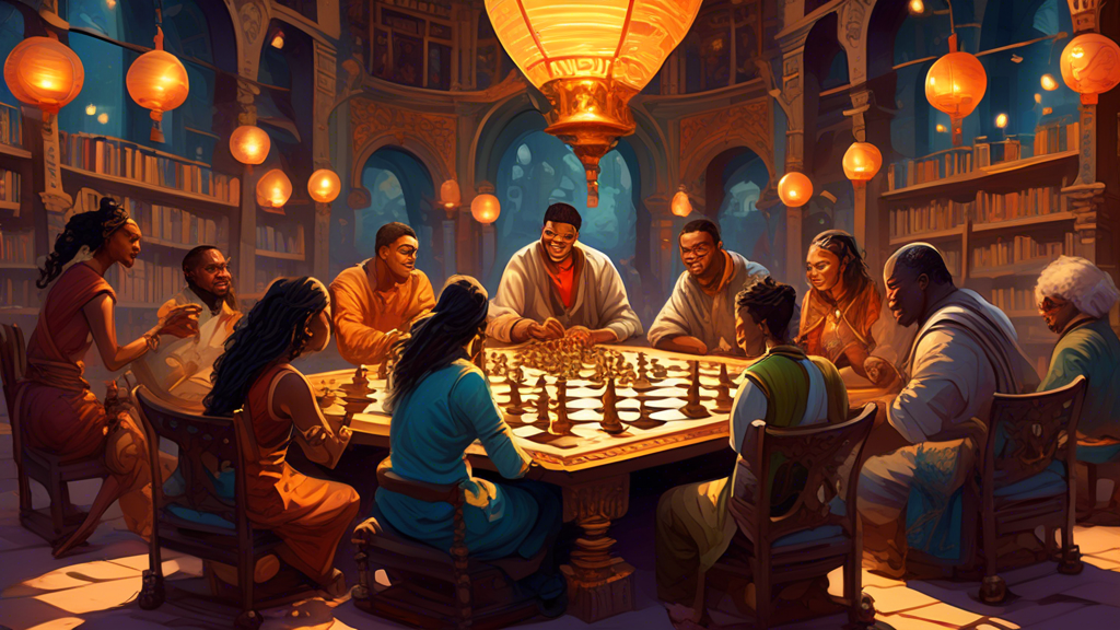 An intricate, fantastical illustration of diverse people from various cultures sitting around a large, ornate table, playing different ancient and modern chess-like board games in a grand library fill