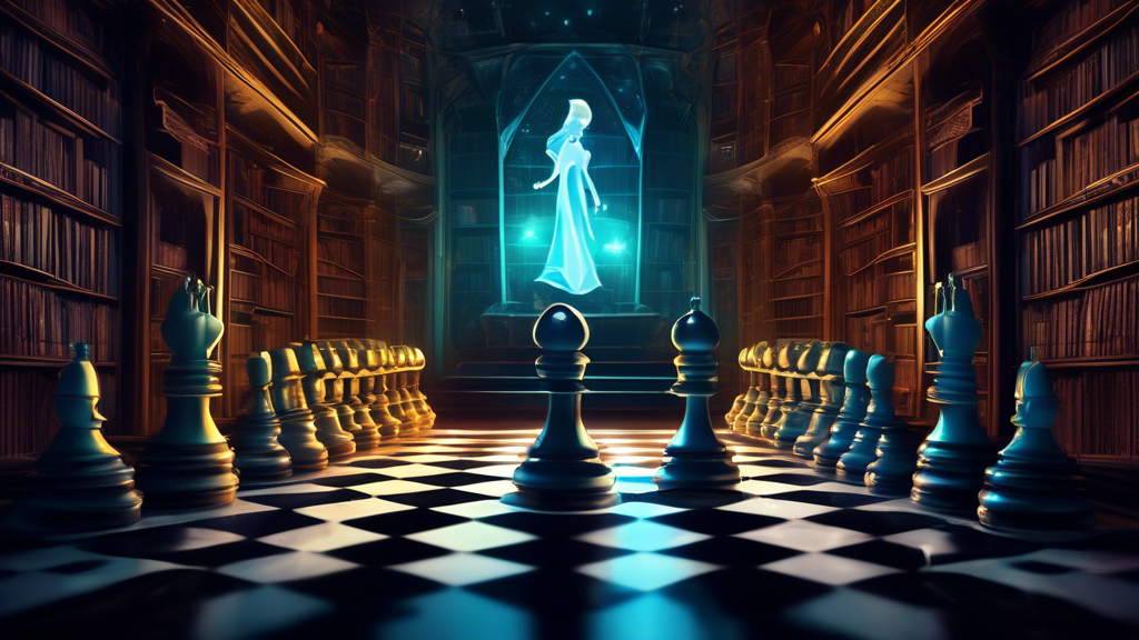 An elegant, futuristic chessboard highlighting a magnified, glowing queen piece standing prominently among other chess pieces, set in a dimly lit, mysterious library with ancient books and cosmic elem