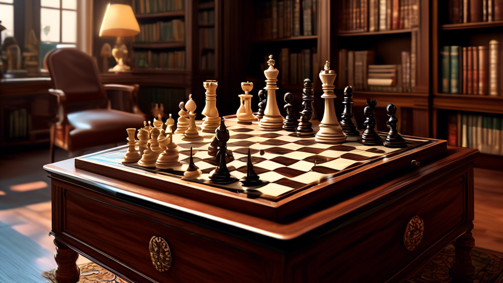 Detailed illustration of an ornate, deluxe chess set with pieces crafted from ebony and ivory, set up on a rich mahogany table. In the background, a grand library filled with books on chess strategies