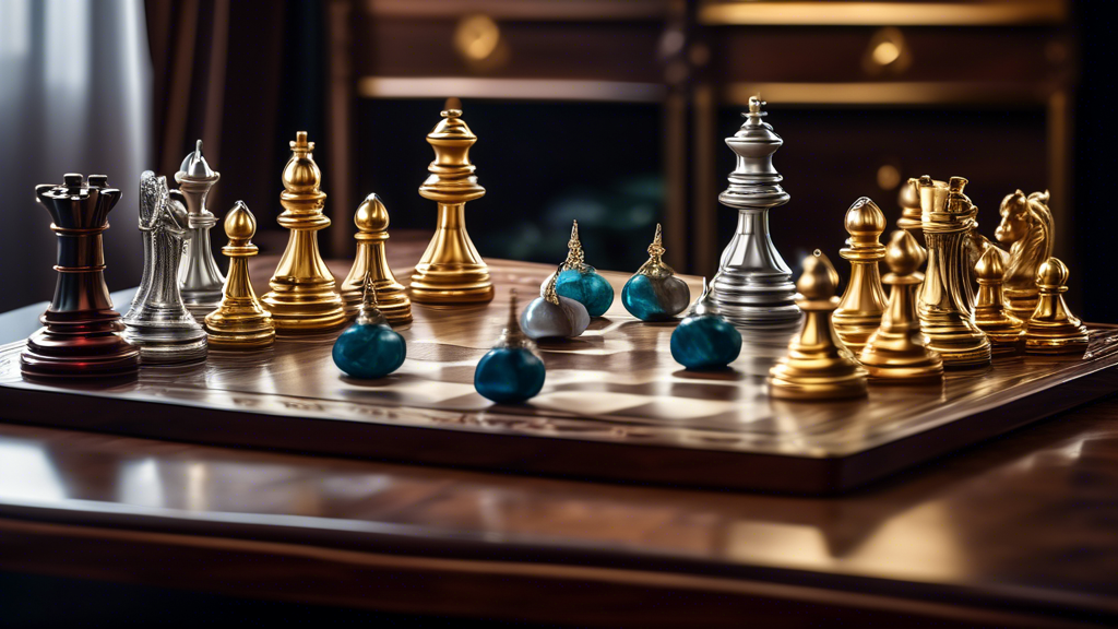 A luxurious chess set displayed on a sleek, high-end wooden table, featuring beautifully handcrafted, gold and silver chess pieces, each intricately designed with gemstone embellishments, under soft, 