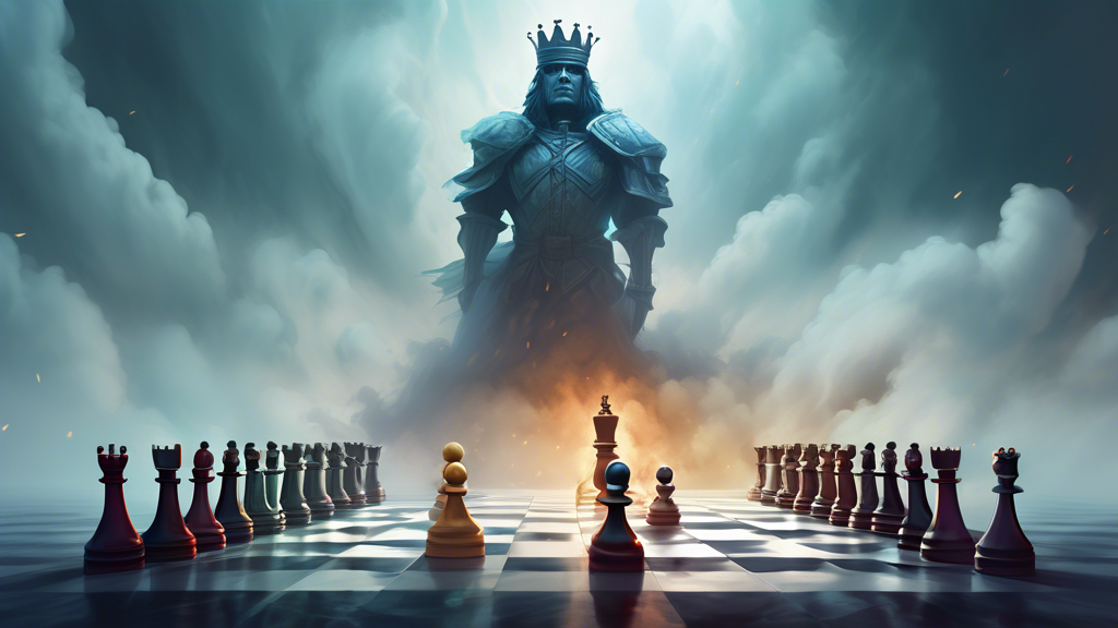 A surreal chessboard scene where a giant king piece looms over a smaller, fleeing queen piece on a dramatically lit, fog-covered battlefield, evoking a tense and strategic chase, all rendered in a rea