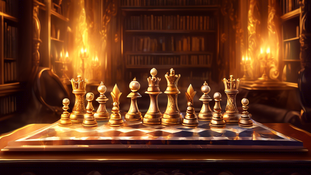 DALL-E, create an image of an ornate chess set arranged on a wooden table, with chess pieces made of sparkling crystal and gold, set in a luxurious, softly lit library with book-lined walls and a roar