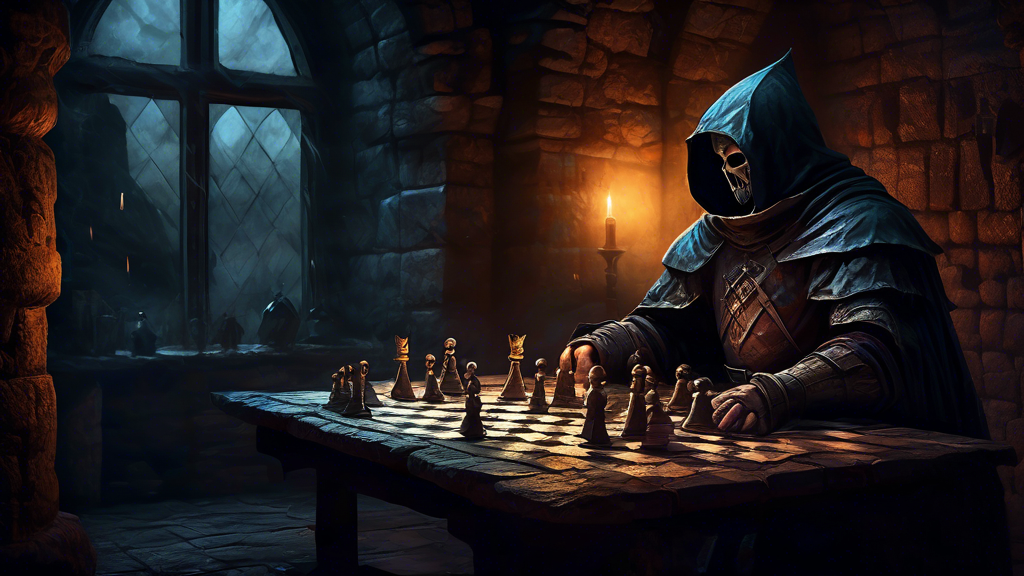 A dark, moody medieval setting with a cloaked figure personifying Death, playing chess across an old wooden table against a knight in full armor, in an ancient stone castle illuminated by candlelight,