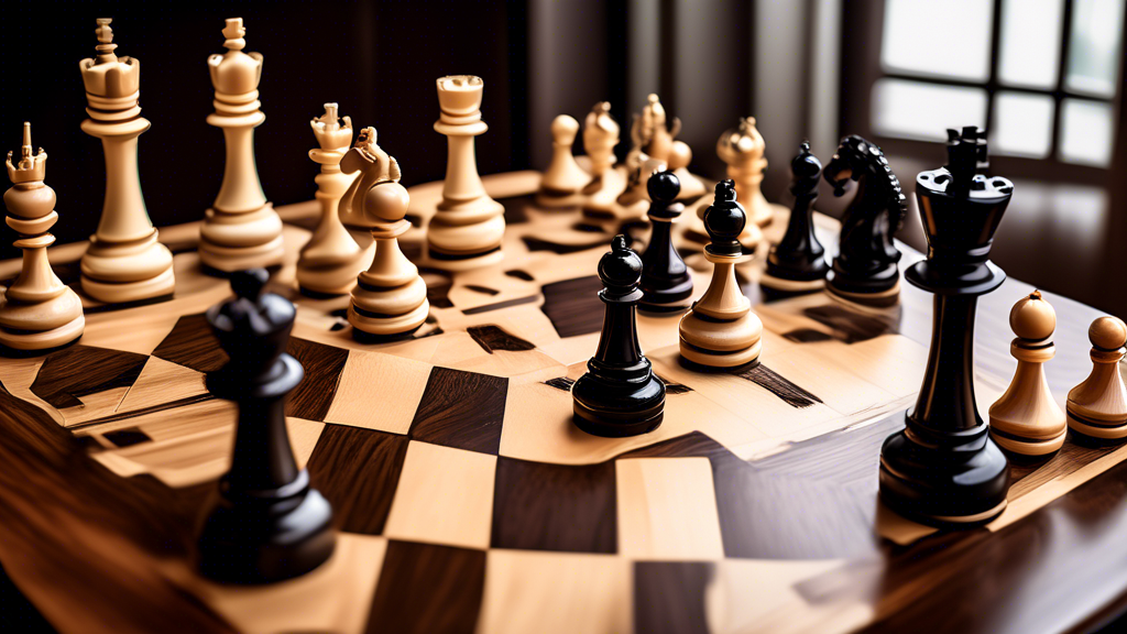 A luxurious and detailed photograph of various professional-grade chess sets on an elegant wooden table, featuring chess pieces made from ebony and ivory, with a classic tournament setup and digital c