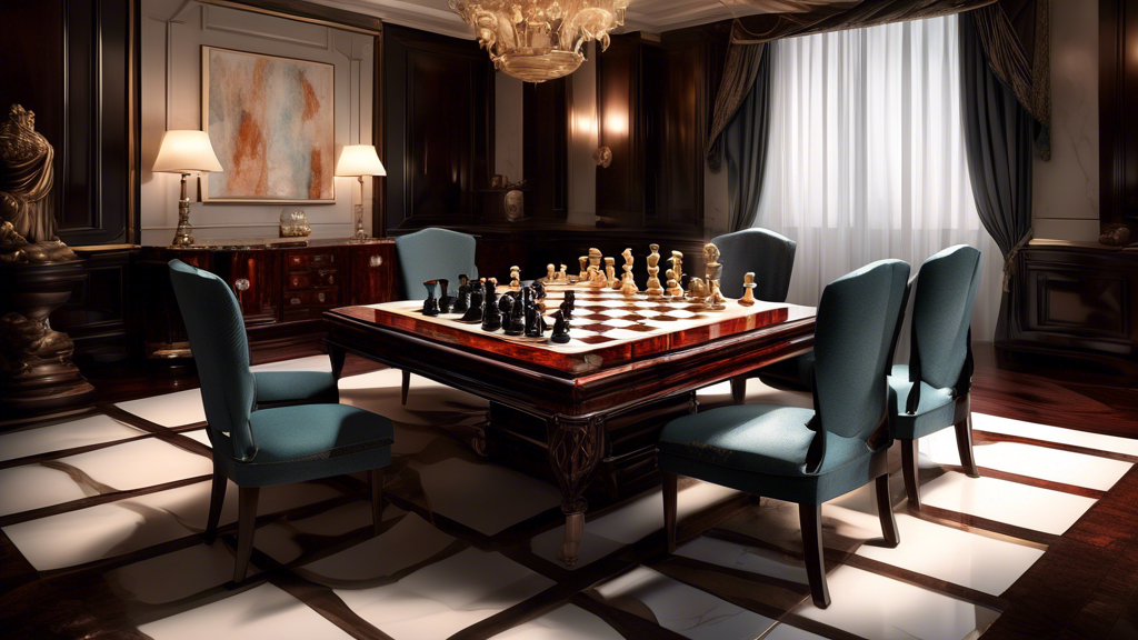 An elegant room with a mahogany table, showcasing a variety of luxury chess sets made from materials like marble, crystal, and ebony, with a soft light highlighting their intricate craftsmanship and d