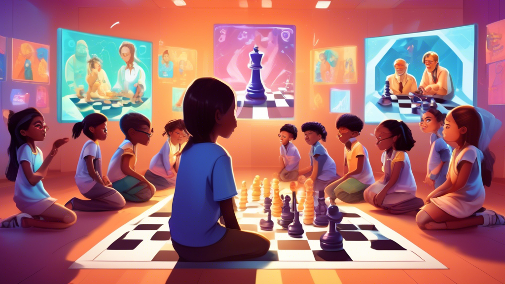 A digital classroom filled with young students of various ethnicities, intently studying oversized, animated chess pieces in motion above a large, illuminated chessboard on the floor, with a friendly 