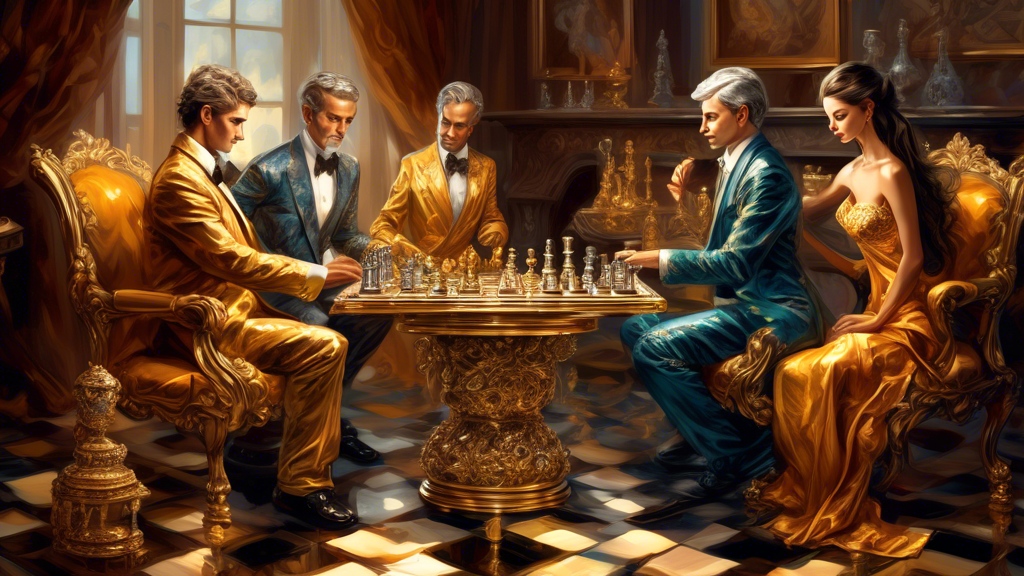 An opulent chess set displayed in an extravagant study, with pieces made of gold and silver, intricately carved, reflecting the soft light of a nearby fireplace, with poised players in elegant evening