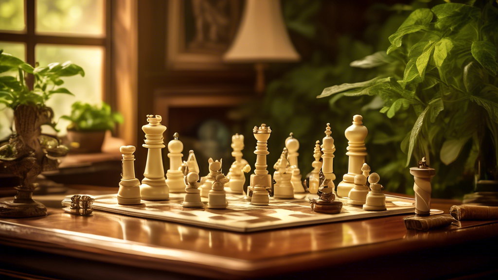 An antique ivory chess set displayed on a wooden table in a vintage study, with legal books and balance scales in the background, surrounded by lush green plants and soft, warm lighting.