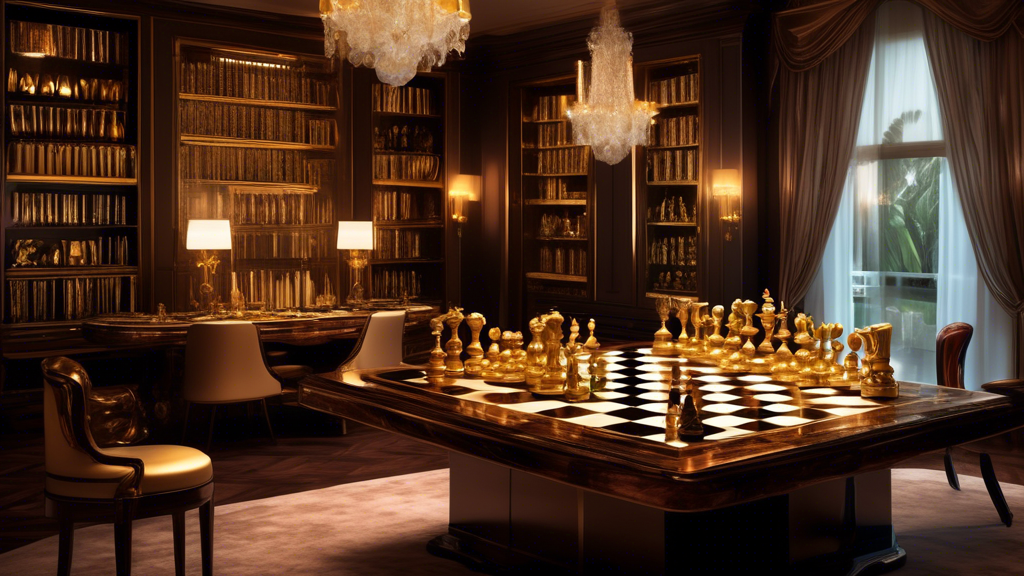 An opulent display of the top ten luxury chess sets, each on a lavish table with a background of plush, elegant libraries and lounges, featuring rich wood and gold accents, under a soft, ambient light