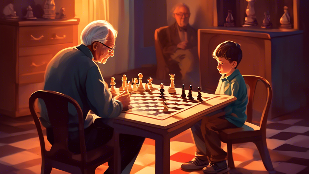 An elegant chessboard setup under soft, warm lighting with a young boy and an elderly man sitting across from each other, contemplating their next move. The foreground shows an open book titled 'Chess