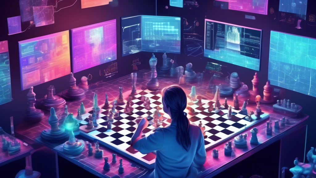 A digital artist's studio filled with multiple screens displaying advanced chess software, visual analytics of famous chess games, and AI tools suggesting moves; in the center, a person analyzing a ho