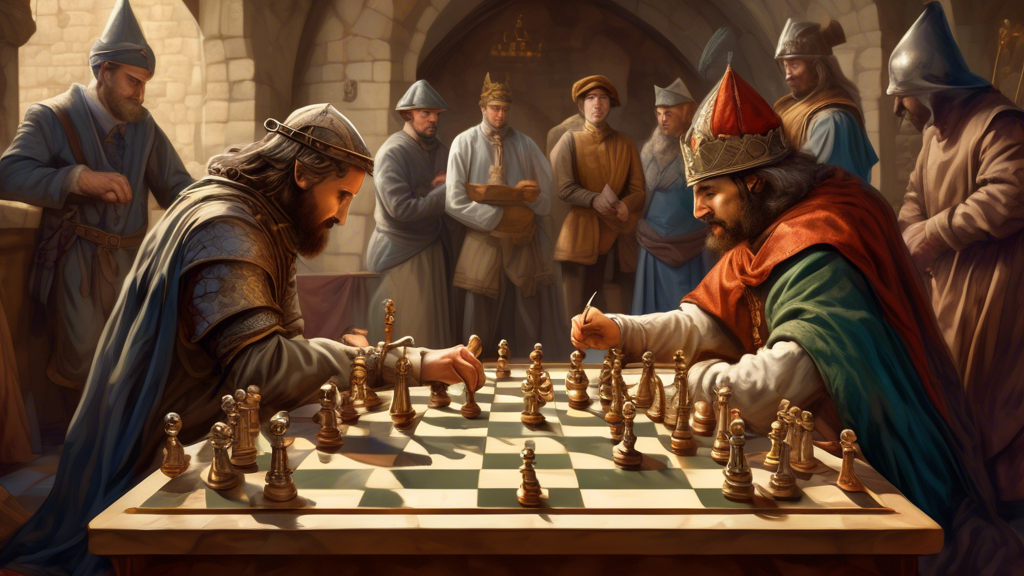 A highly detailed, digitally rendered scene on a sophisticated chessboard, featuring two determined players in a medieval setting, focusing intently as one executes the rare en passant move with an ex