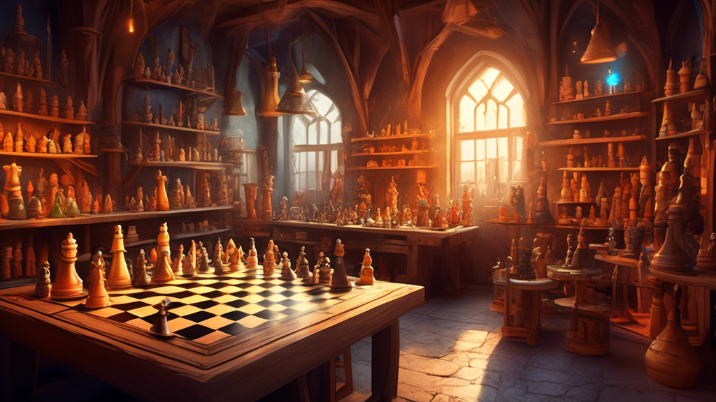 An artisan's workshop with various chess boards displayed, each themed differently, ranging from medieval to futuristic, illuminated by soft, warm lighting.