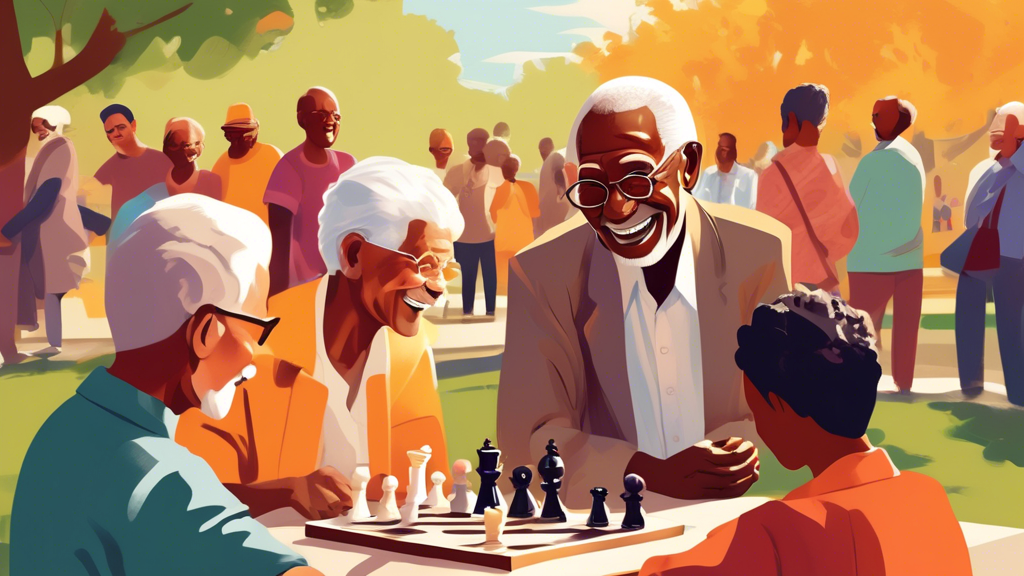 Create an image of a friendly, elderly man with a gentle smile playing chess in a sunlit park with a group of diverse, engaged onlookers of various ages and ethnicities, capturing a moment of camarade